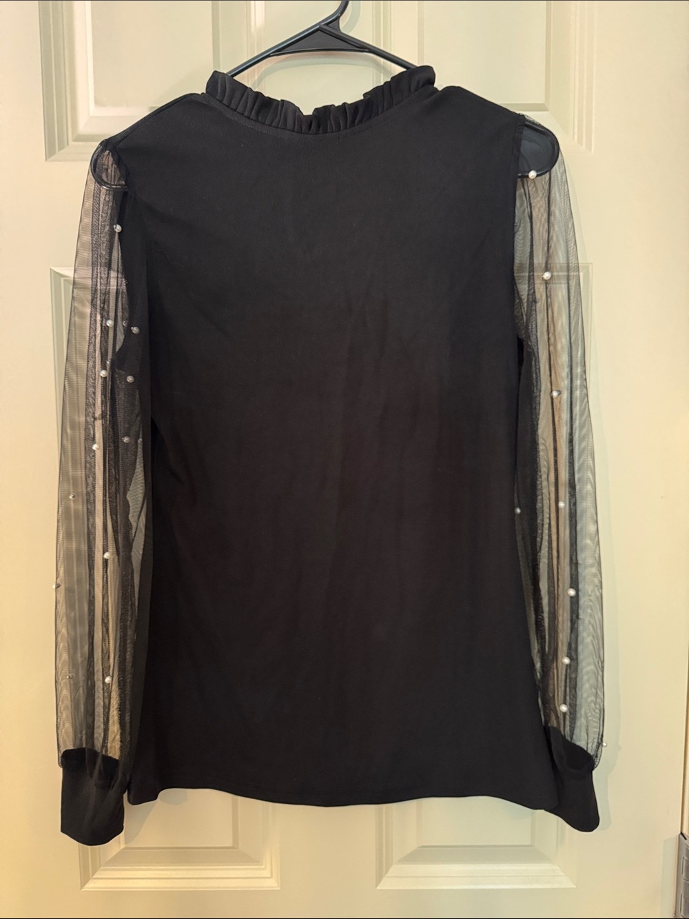 Women's Black Pearl-Accent Sheer Sleeve Long Sleeve Top